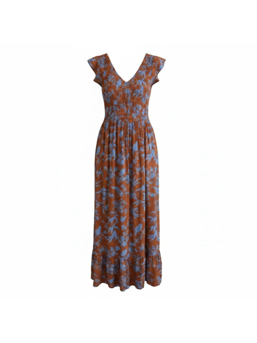 World Market Boho Maxi Dress Smocked Rust Blue Floral Flowy Sleeveless S M